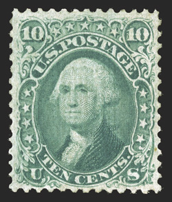 96, 10c Yellow green, F grill, nicely centered, strong color, full o.g., lightly hinged, miniscule stain spot at right, otherwise a very fine example of this scarce mint stamp
1982 PF certificate.