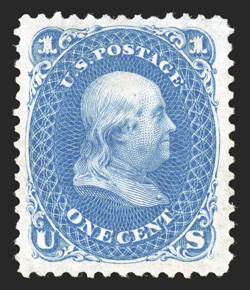 102, 1c Blue re-issue, well centered within exceptionally large margins, bright fresh color, full o.g., relatively lightly hinged, extremely fine 1999 PF certificate and a 2003
PSE certificate (VF-XF 85 SMQ $1,150.00).