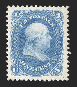 102, 1c Blue re-issue, well centered within exceedingly large margins, strong re-issue color and impression, o.g., small corner crease at bottom left, extremely fine appearance
clear 1972 PF certificate and a 2010 PSE certificate (VF 80 OGph S