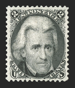 103, 2c Black re-issue, an exceedingly choice mint example of this rare and popular re-issue, marvelously fresh and crisp, incredibly intense color and a razor-sharp impression
on bright paper, large margins all around, full o.g., lightly hinged