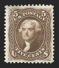 105, 5c Brown re-issue, attractively centered, strong rich color, slightly disturbed o.g., tiny tear at bottom, very fine appearance only 672 sold clear 2002 PF certificate and
a 2009 PSE certificate.