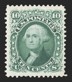 106, 10c Green re-issue, well centered within uncharacteristically large margins, impressively rich color and a crisp impression, full o.g., lightly hinged, choice very fine a
desirable example of this rare re-issue only 451 sold 1991 and 200
