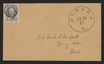 1, 5c Red brown, single with large even margins all around, impressively rich color, a faint horizontal crease at top, tied to buff cover by black grid with matching Hudson,
Ohio c.d.s. at right, which is an especially sharp and desirable strike