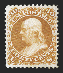 110, 30c Brownish orange re-issue, well centered and margined, strong color, small part o.g., short perf., very fine only 346 sold clear 1990 PF certificate (traces of o.g.)
and a 2009 PSE certificate (VF 80 SMQ $2,500.00).