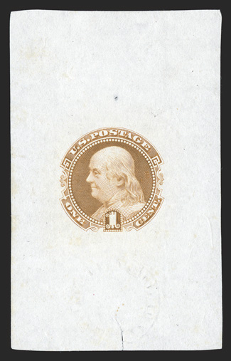 112P1, 1c Buff, large die proof in India, off card, 40x65mm, tear at bottom center and tiny thin, both well away from the indicia, otherwise fine.