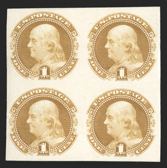 112P3, 1c Bluff, plate proof on India mounted on card, block of four, fresh and extremely fine.
