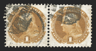 112, 1c Buff, choice used horizontal pair, both stamps wonderfully well centered within balanced margins, sumptuously rich color and strong impression, segmented cork and
c.d.s. cancels, extremely fine 2002 PSE certificate.