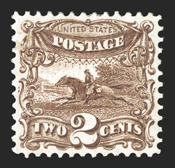 113, 2c Brown, precisely centered, deep luxuriant color and a sharp impression, full o.g., relatively lightly hinged, faint trace of a perf. scuff, otherwise extremely fine and
handsome clear 2000 PF certificate and a 2009 PF certificate.