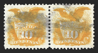 116, 10c Yellow, choice used horizontal pair, with each stamp being precisely centered amid large equal margins, vivid rich color, crisp and intact, extremely fine 1993 PSE
certificate.