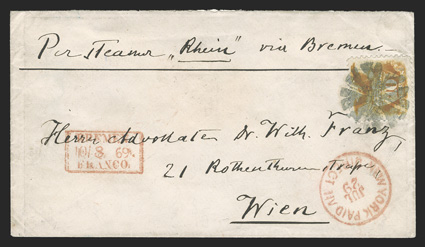 116, 10c Yellow, exceptionally well centered single tied by bold circle of Vs on 1869 cover to Vienna, red New York Paid All DirectJuly 29 c.d.s. and BremenFranco18869. framed
handstamp, Vienna receiver, a very fine and choice example