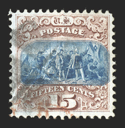 118, 15c Brown and blue, Ty. I, particularly attractive used single, excellent centering within uncommonly large margins, strong fresh colors on crisp white paper, transparent
cork and red transit cancels, extremely fine 2000 PF certificate.