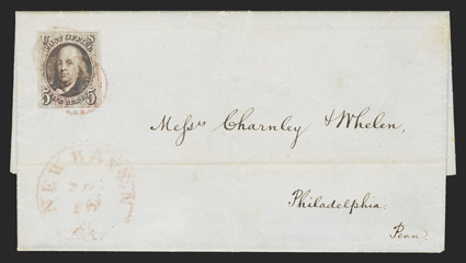 1a, 5c Dark brown, mostly large margins to well clear at base, deep rich color and strong impression, tied by red circular grid to 1848 Charnley & Whelen correspondence folded
letter to Philadelphia, matching New Haven, Ct.Sep 16 datestamp be