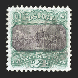 120, 24c Green and violet, an exquisite quality used example whose condition places it among the finest we have ever offered, possessing mathematically precise centering amid
extravagantly wide margins which are most uncharacteristic, bright col