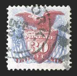 121, 30c Blue and carmine, a most impressive used single, being exceptionally well centered within uncommonly large margins, rich fresh colors and fine impression on crisp
clean paper, New York c.d.s. and a bit of a circle of wedges cancel as we