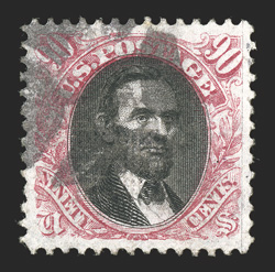 122, 90c Carmine and black, choice appearing used single, near perfect centering within large equal margins, bright and fresh, light cork cancel, faint corner crease at top
left, otherwise extremely fine.