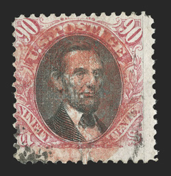 122, 90c Carmine and black, used example cancelled mainly by a red cork postmark which is rarely seen on this high value, also a bit of a black cancel, sound and nearly fine
1996 APS certificate.