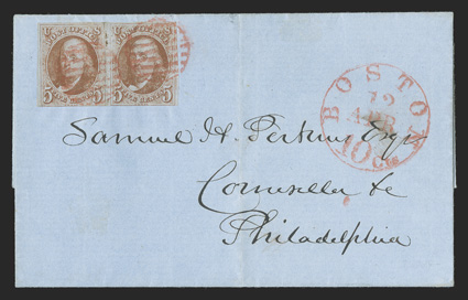 1b, 5c Orange brown, horizontal pair with three full margins, close at bottom, bright color, tied by red grid cancels on 1851 folded cover to Philadelphia, red Boston 12 Apr
10cts c.d.s., cover with vertical file fold not affecting stamps or m