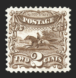 124, 2c Brown re-issue, well centered, rich luxuriant color and a strong impression, o.g., relatively lightly hinged, choice very fine 2001 PF certificate and a 2009 PSE
certificate (VF 80 OGph SMQ $680.00).