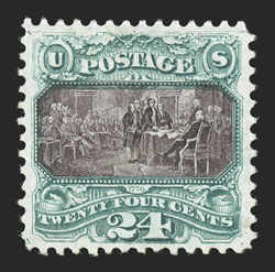 130, 24c Green and violet re-issue, exceptionally well centered though reperforated at top and right, rich colors, o.g., extremely fine appearance only 2,091 sold clear 2001 PF
certificate and a 2009 PSE certificate.