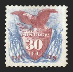 131, 30c Blue and carmine re-issue, well centered within uncommonly large margins, bright colors, o.g., minor h.r., very fine only 1,535 sold 1960 PF and 2009 PSE
certificates.