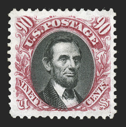 132, 90c Carmine and black re-issue, attractive unused example, exceptionally well centered within particularly large margins, deep vibrant colors, extremely fine only 1,356
sold 1986 PF certificate and a 2009 PSE certificate (XF 90 Jumbo SM