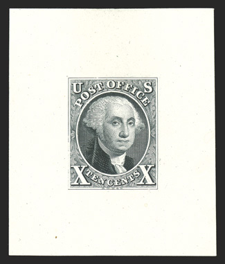 2Pi, 10c Black, large die proof on white glazed paper, 43x51mm, bright and fresh, very fine a rare proof of the 1847 Issue.