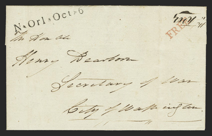 N*Orl*Oct*6 straight-line handstamp, incredibly crisp and clean strike on 1804 folded letter from New Orleans to Henry Dearborn, Secretary of War in Washington, with red Free
handstamp at top right, extremely fine a rare handstamp marking, wi