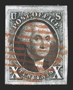 2, 10c Black, four large to extra-large margins including a portion of the adjoining stamp at top, deep color and an usually strong impression, bright red grid cancel, some
light manuscript offset on reverse, extremely fine and especially handso