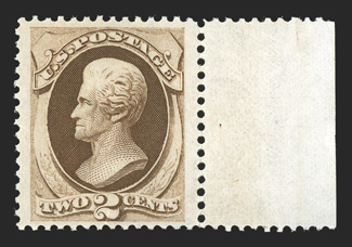 157, 2c Brown, right sheet-margin single, rich color, well centered within wide margins, o.g., never hinged (scarce thus), very fine and choice 1983 and 2007 PF
certificates.