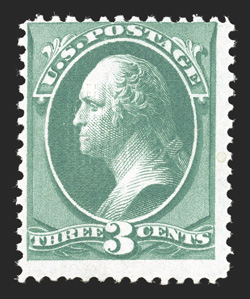 158e, 3c Green, with J grill, rich color and a sharp impression, crisp grill, o.g., lightly hinged, a fine example of this elusive variety 1992 PF
certificate.