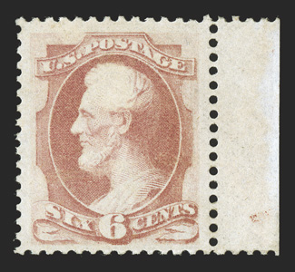 159, 6c Dull pink, an incomparable right sheet-margin single, being in a condition unlike any other we have encountered, precisely centered within extraordinarily large
margins, wonderfully fresh color and a clean impression, unblemished o.g. th