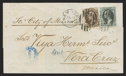 165, 30c Gray black, used with 10c Brown (161), tied by New YorkJul 13 duplex pmks. on 1878 folded cover to Vera Cruz, Mexico, small 60cs due handstamp marking, blue merchants
handstamp, very fine a lovely usage of the 30c value.