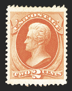 178, 2c Vermilion, an impressive jumbo-margined mint single, being precisely centered amid lavishly large margins, vivid rich color on fresh paper, o.g., relatively lightly
hinged, extremely fine a large-margined gem.
