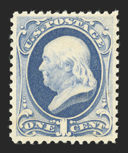182, 1c Dark ultramarine, fresh mint single, with deep luxuriant color and a well incised impression, nicely centered, o.g., never hinged, choice very fine 2003 PF certificate
and a 2009 PSE certificate (VF 80 SMQ $900.00).