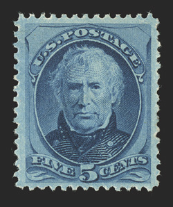 185, 5c Blue, exceptionally well centered, deeply rich color, o.g., lightly hinged, recent certificate notes a corner crease at top right, otherwise extremely fine clear 2000
PF certificate and a 2009 PSE certificate.