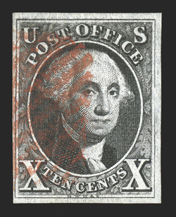 2, 10c Black, pos. 78L, ample to mostly large margins all around, prooflike color and impression on fresh paper, neat red square grid cancel, very fine.