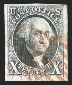 2, 10c Black, full to extra-large margins all around, fine impression, light red grid cancel, very fine 2001 APS certificate.