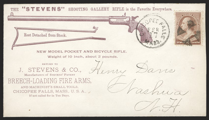 210, 2c Red brown, single tied to 1886 illustrated gun cover (back and front) of the Stevens Shooting Gallery Rifle in violet brown with Chicopee Falls, Mass. circle of wedges
and matching c.d.s., sent to Nashua, N.H. (backstamped), very fre