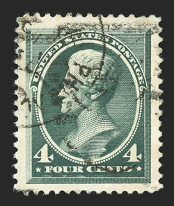 211, 4c Blue green, jumbo used single, with enormously large margins on all four sides, deep intense color and a sharp impression, light duplex cancel, extremely fine 2007 PSE
certificate (XF 90 Jumbo SMQ $120.00 for 90 and $290.00 for 95).