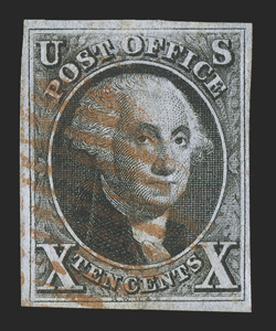 2, 10c Black, full margins all around, crisp impression, red grid cancel, pressed vertical crease, very fine appearance clear 1962 RPS certificate and a 2009 PF
certificate.