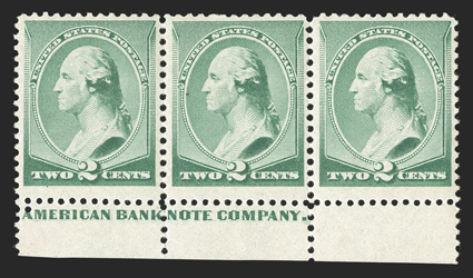 213, 2c Green, bottom sheet-margin American Bank Note Company imprint horizontal strip of three, fresh and well centered, pristine o.g., n.h., very fine.