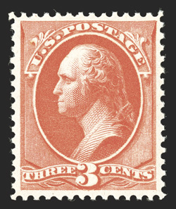 214, 3c Vermilion, excellent centering within large margins, strong bright color, o.g., n.h., extremely fine and choice 1996 PF certificate for a block of four, this being the
bottom left stamp, as well as a 2003 PSE certificate for the single