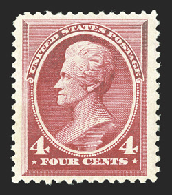 215, 4c Carmine, select mint single, precisely centered within uncharacteristically wide margins, rich color on fresh paper, o.g., very lightly hinged, extremely fine 1992 PF
certificate.