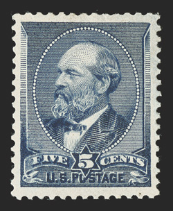216, 5c Indigo, wonderfully well centered within extravagantly large margins, strong color and impression, o.g., lightly hinged, extremely fine 2000 PSE certificate (M-92 XF
SMQ $500.00 for 90 and $960.00 for 95).