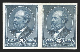 216b, 5c Indigo, imperforate, horizontal pair, large margins around, strong rich color, regummed, choice very fine 2010 PF certificate.