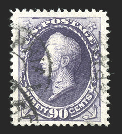 218, 90c Purple, a striking jumbo-margined used example, beautifully centered within lavishly large margins, rich color and crisp impression on fresh paper, lightly cancelled,
extremely fine.