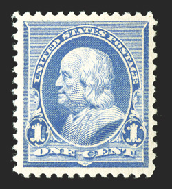 219, 1c Dull blue, beautifully centered within large margins, rich color and particularly fresh, pristine o.g., n.h., extremely fine 1999 PF certificate.
