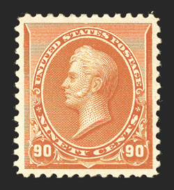 229, 90c Orange, impressively margined mint example, being wonderfully well centered within unusually wide and well balanced margins, especially luxuriant color, o.g., very
lightly hinged, extremely fine and handsome 2000 PF certificate.