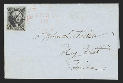 2, 10c Black, ample to mostly large margins all around, ms. strokes cancel, on 1851 folded letter to Key West, Florida, clear red Essex, Ct.Feb 19 datestamp along side, fresh
and very fine.