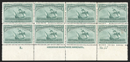 232, 3c Columbian, full bottom margin imprint, letter L and plate No. 57 block of eight , well centered, rich color, o.g., never hinged except the second stamp on the top row
with a tiny spot of gum disturbance (therefore offered as a hinged